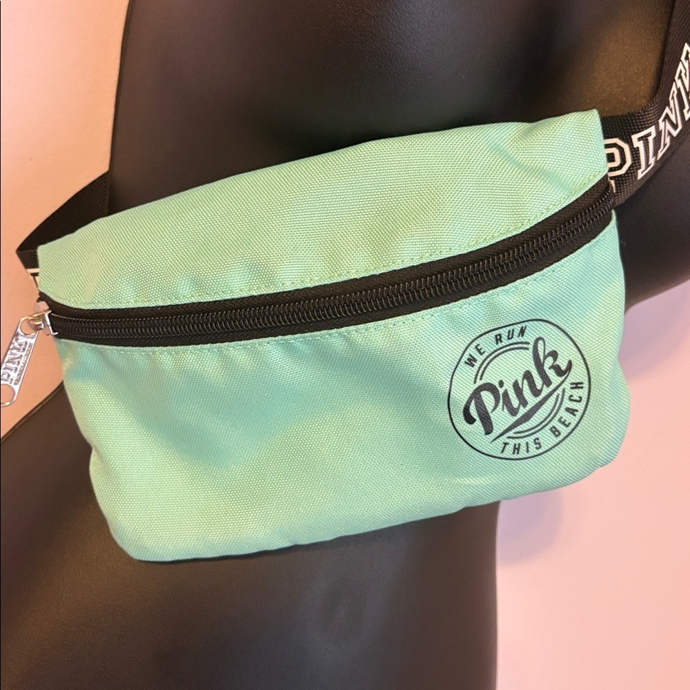 PINK Victoria’s Secret Light Turquoise Belt Bag Spellout Logo Adjustable Strap - Picture 2 of 13